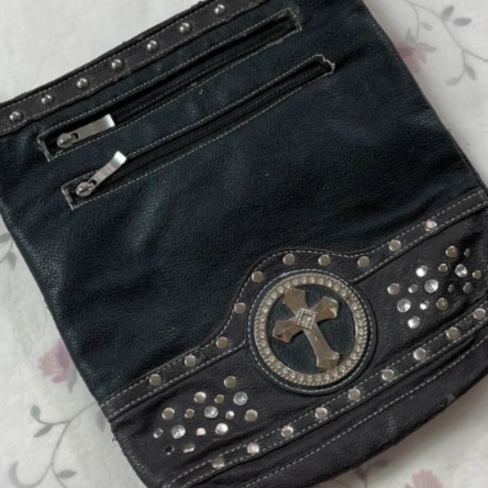 2000s cyber y2k trashy grunge mcbling rhinestone cross faux leather purse